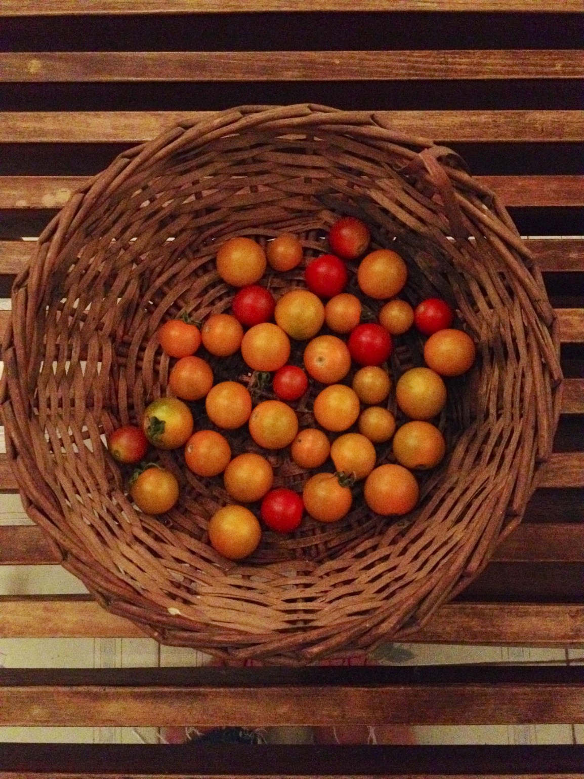 A view from above of a basket with a few early cherry tomatoes in various colors.