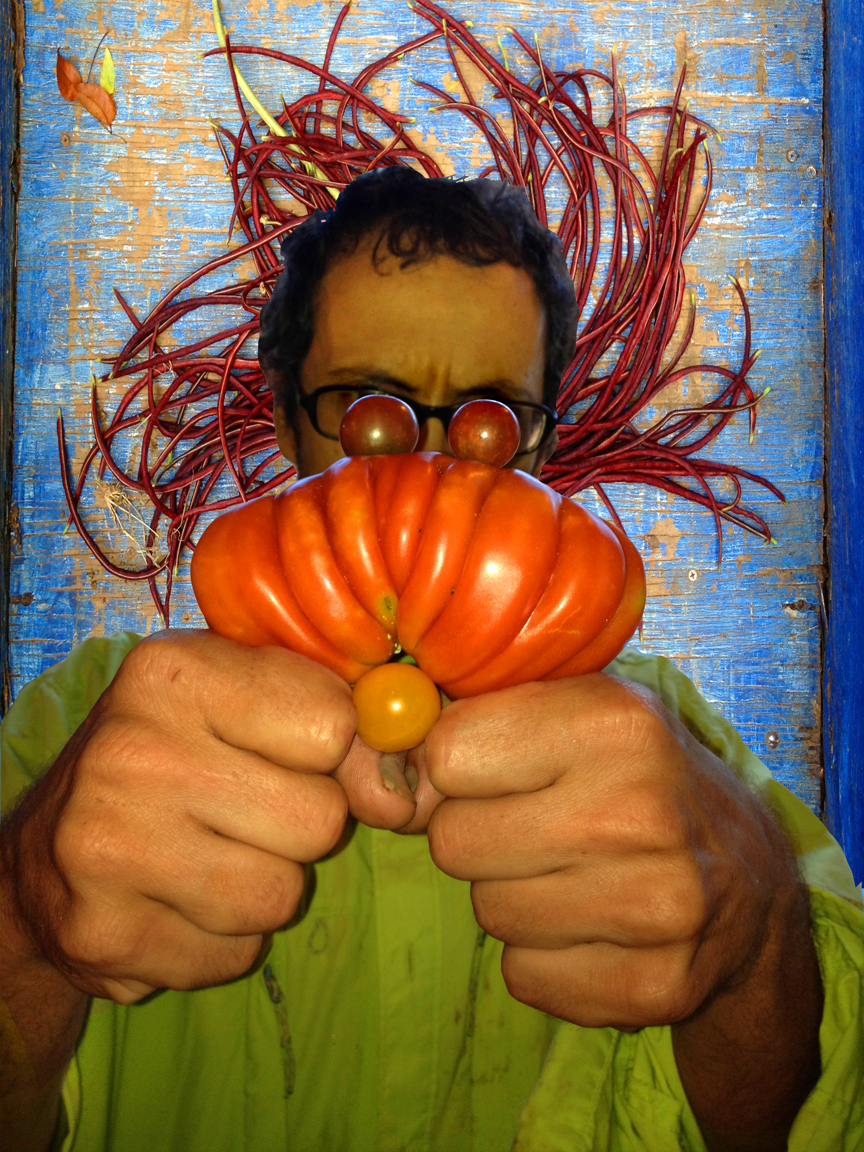 The so-called "Tomato Monster" is made up of a farmer, tomatoes, and string beans.