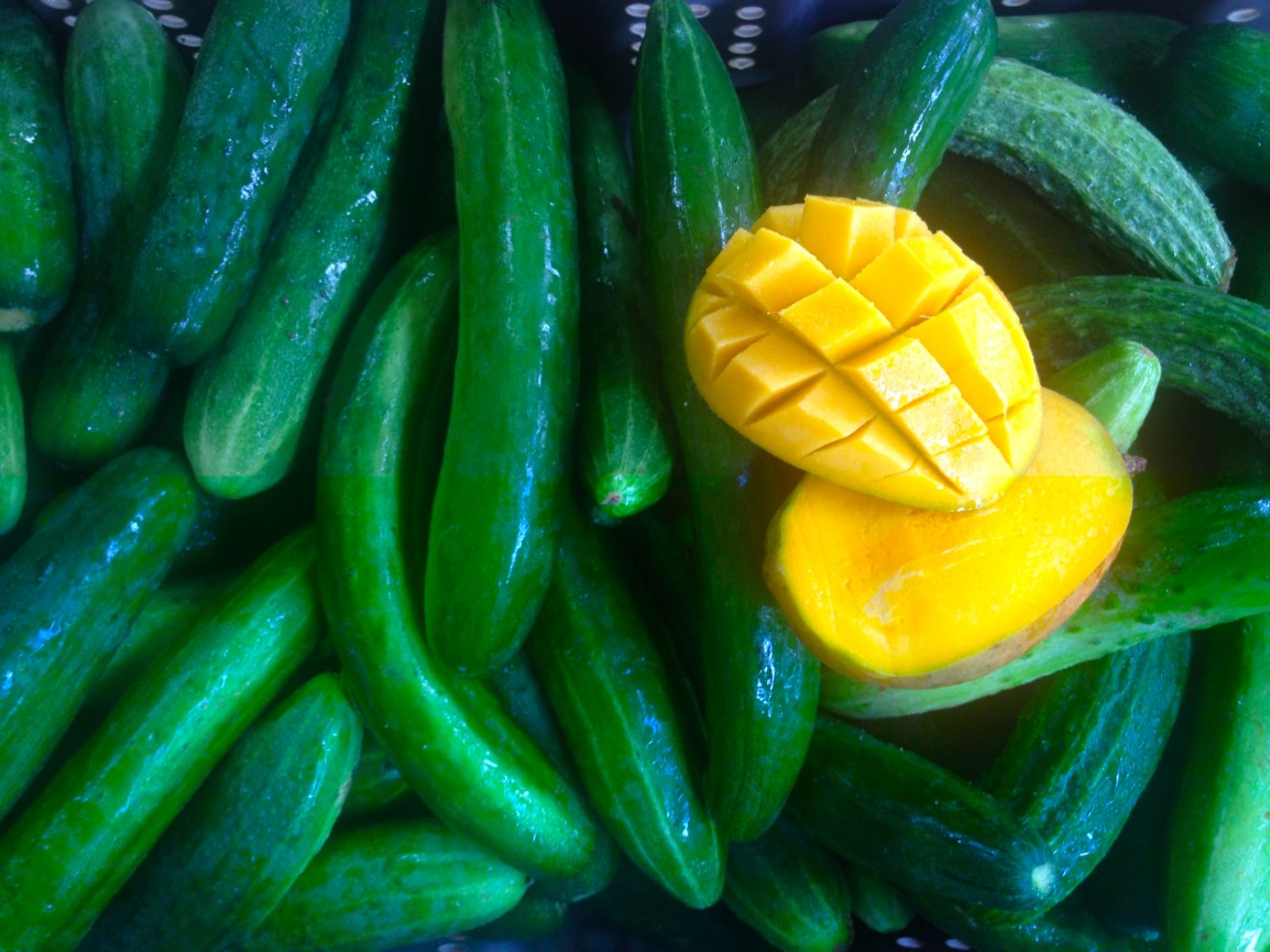 ARTfarm Cucumbers and Julie Mango! A pile of freshly washed cucumbers is topped with an orangey-yellow mango, sliced open.