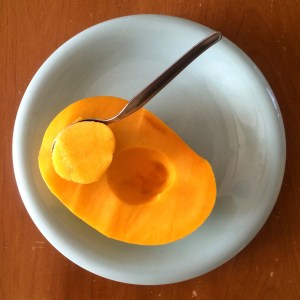 A yellow mango half on a blue plate has a spoon in it, with a round portion of mango flesh spooned out of the half.