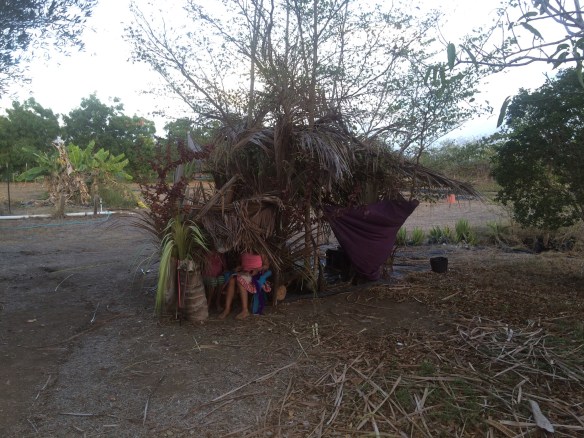 Two kids hang out in a grass hut they made from dead coconut trees, victims of the drought.