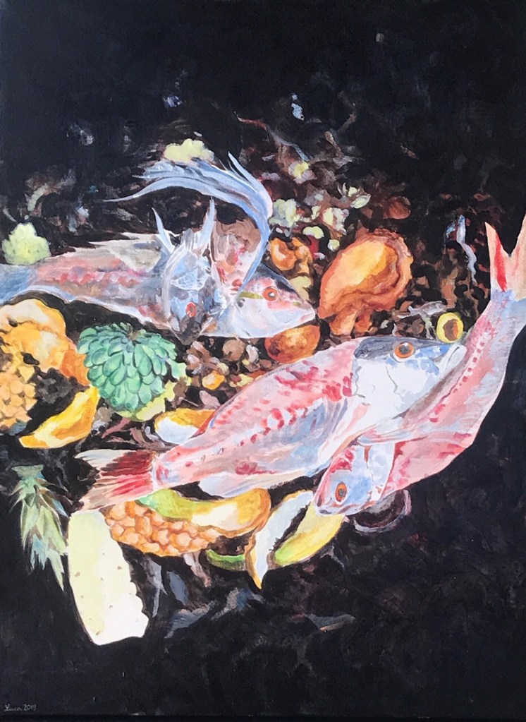 A painting showing fresh fish carcasses and fruit peels in a compost bin, gleaming like jewels. 