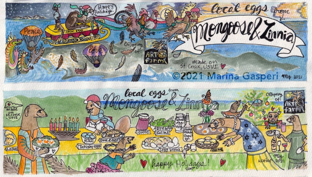 Two egg carton labels with merry winter holiday drawings of anthropomorphic mongooses celebrating